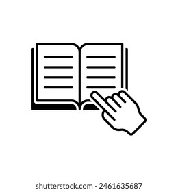 Open book with finger icon vector illustration. Instruction manual on isolated background. Book pages with text.