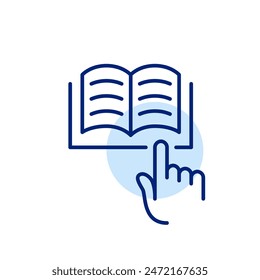 Open book and finger tapping on it. Easy access to education and information via digital libraries. Pixel perfect icon