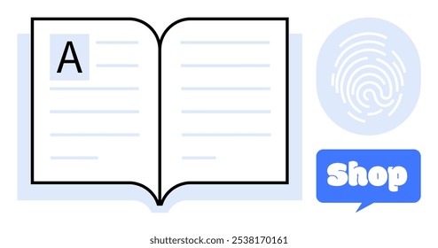 Open book with a fingerprint icon and shop sign. Ideal for online shopping, digital security, education, e-commerce, and technology. Minimalist and clean design style with pastel colours emphasizing