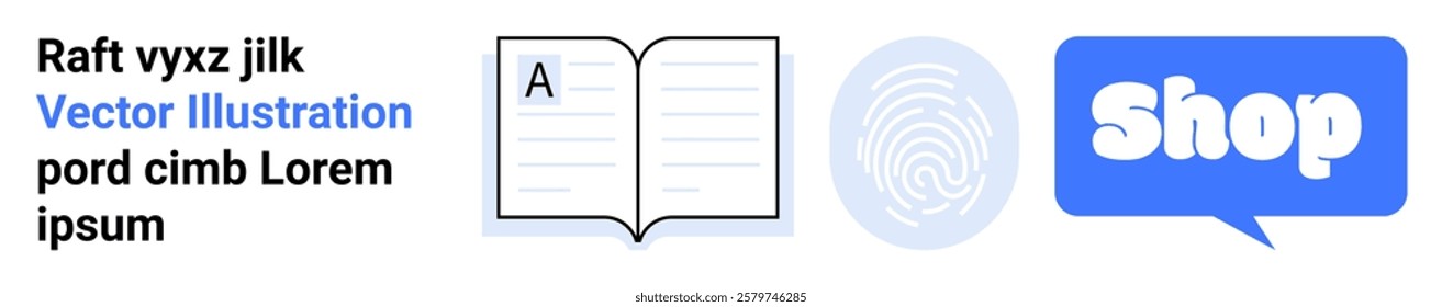 Open book, fingerprint, and speech bubble with shop text on a white background. Ideal for online shopping, digital security, educational content, e-commerce platforms, and technology services. Banner