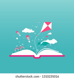 Open book with fireworks, clouds, kite, bike and stars. Isolated on blue background. Vector flat illustration. Magic fairytale reading logo. Imagination and fantasy. Creative kids. Back to school