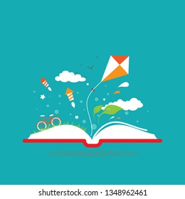 Open book with fireworks, clouds, kite, bike and stars. Isolated on blue background. Vector flat illustration. Magic fairytale reading logo. Imagination and fantasy. Creative kids. Back to school
