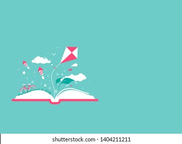 Open book with fireworks, clouds, kite, bike and on blue hohizontal background. Vector flat illustration. Magic fairytale reading logo. Imagination and fantasy. Creative kids. Back to school card