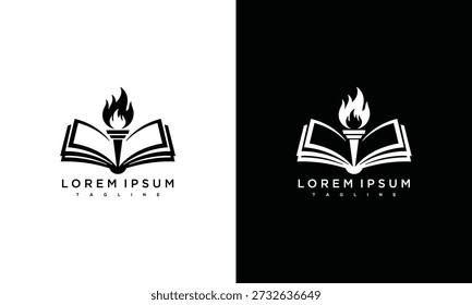 Open Book with Flame Torch Logo - Conhecimento Educação Sabedoria.