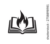 Open book with flames rising from the pages, symbolizing burning desire for knowledge or forbidden texts.