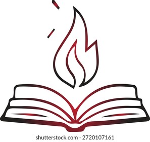 An open book with flames rising from its pages symbolizing knowledge and passion perfect for design projects on transparent background