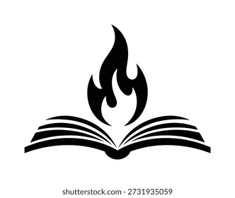 Open book with flames rising from pages black silhouette white background fire