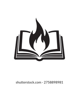 Open book with flames rising from the pages, symbolizing burning desire for knowledge or forbidden texts.