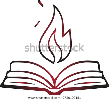 An open book with flames rising from its pages symbolizing knowledge and passion perfect for design projects on transparent background