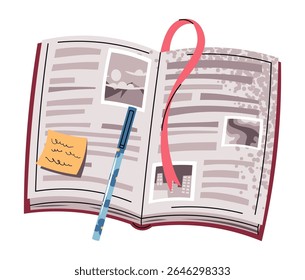 Open book in Flat Style on White Background with Attached Note and Pen. Textbook with Bookmark. Back to School. Perfect for Social Media Content, Poster Designs, Banners, Websites, and Sticker