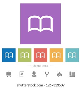 Open book flat white icons in square backgrounds. 6 bonus icons included.