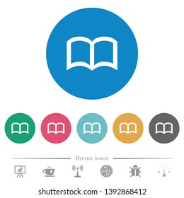 Open book flat white icons on round color backgrounds. 6 bonus icons included.