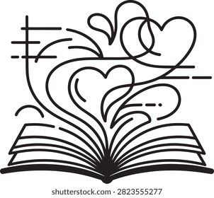 Open book with floating hearts and musical notes, love and education concept illustration