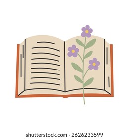 Livro aberto com ramo floral. Literatura decorada com Erva de Flor na página de papel. Herbário marcador. Ilustração de vetor plano