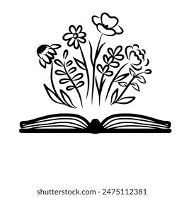 Open book flower clipart, book with wildflowers of daisy, poppy, peony, lavender and cone flower, graphic vector illustration