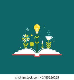 Open book with flowers, bulb, cup and sprouts isolated on blue background. Vector flat illustration. Magic fairytale reading logo. Imagination and inspiration. Fantasy. knowledge day. Back to school