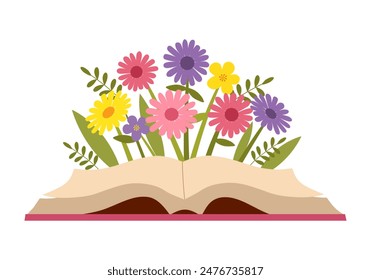 Un libro abierto con flores en diseño plano sobre fondo blanco.