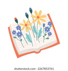 Open book with flowers flat icon Floral decor Wildflowers bouquet. Vector illustration