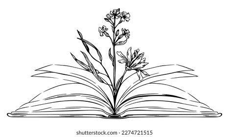 Open Book with Flowers Inside, Hand Drawn Sketch Illustration