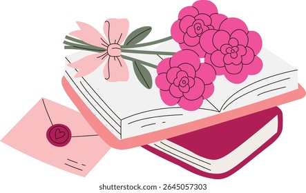An open book with flowers and a letter in a flat style. A bouquet rests on the book beside an envelope with a heart seal. Cartoon vector illustration.