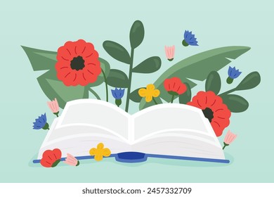 open book with flowers and palm leaves; perfect for book lovers, botanical enthusiasts or literary-themed designs- vector illustration