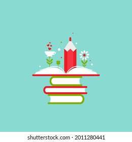 Open book with flowers, pencil, cup and sprouts isolated on blue background. Vector flat illustration. Magic fairytale reading logo. Imagination and inspiration. Fantasy. knowledge day. Back to school