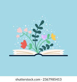 Open book with flowers and plants. Back to school. Vector illustration, flat design