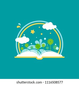 Open book with flowers, rainbow, clouds and stars on blue background. Reading icon. Back to school logo. Inspiration, imagination vector illustration . Power of knowledge and education. Kids book