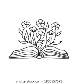 Open book with flowers sprigs. Conceptual illustration of write your own future. Vector concept for bookstore, literature club or library. Sketch illustration.