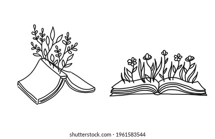 Open book with flowers sprigs. Conceptual illustration of write your own future. Vector concept for bookstore, literature club or library. Sketch illustration