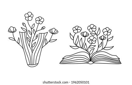 Open book with flowers sprigs. Conceptual illustration of write your own future. Vector concept for bookstore, literature club or library. Sketch illustration