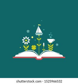 Open book with flowers, sprouts, boat and cup isolated on blue background. Vector flat illustration. Magic fairytale reading logo. Imagination and inspiration. Fantasy. knowledge day. Back to school