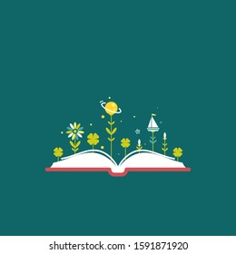 Open book with flowers, sprouts, boat and cup isolated on blue background. Vector flat illustration. Magic fairytale reading logo. Imagination and inspiration. Fantasy. knowledge day. Back to school