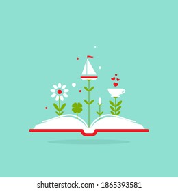 Open book with flowers, sprouts, boat and cup isolated on blue background. Vector flat illustration. Magic fairytale reading logo. Imagination and inspiration. Fantasy. knowledge day. Back to school