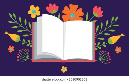 Open book and flowers. Vector illustration for banners, advertising, shops, libraries, schools, universities, educational courses.