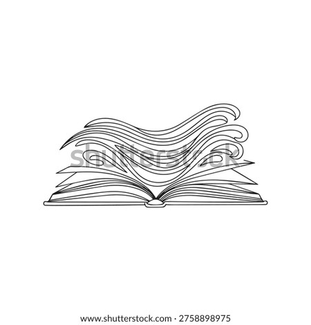An open book with flowing lines emanating from its pages, representing creativity and imagination.