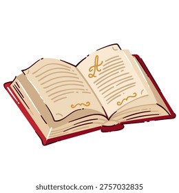 Open book with flowing pages, red cover and printed text lines in classic reading view. Literary decor, study theme and book lover design with open book, cartoon vector illustration