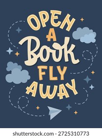 Öffnen Sie ein Buch Fly Away. Die Typografie besteht aus einer Mischung aus einfachem Skript und serifenlosen Buchstaben. Zu den Dekoelementen gehören Wolken, Sterne und ein Papierflugzeug. Die Farbpalette ist marineblau, hellblau und creme