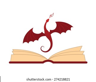 An open book with a flying dragon above. Vector illustration.