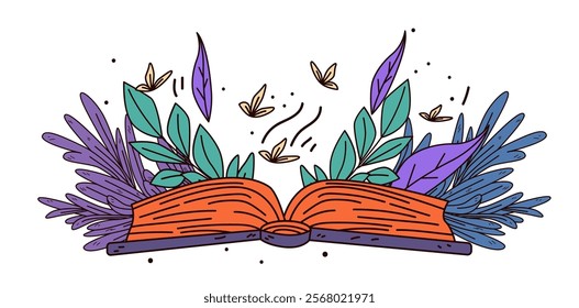 Open book with flying leaves and butterflies surrounded by colorful foliage in a whimsical nature scene. Ideal for educational themes