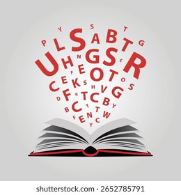 Open book with flying letters concept illustration