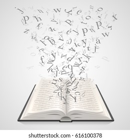 Open book with flying letters on a white background, education art. Vector illustration