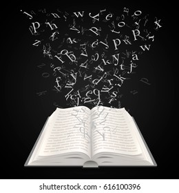 Open book with flying letters on a black background, education art. Vector illustration