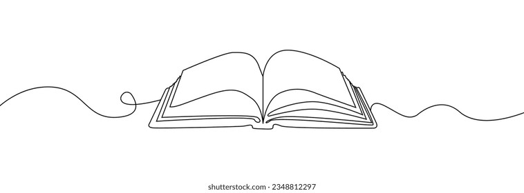 Open book with flying pages one line. Back to school theme. One line drawing of open text book for study. Continuous line drawing of open book.Library, education, school, study,book.