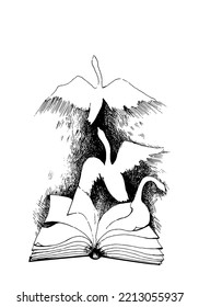 Open book with flying pages and swans. Book day. Knowledge, literature, library, bookstore,  encyclopedia, dictionary, writer diary. Line art ink sketch vector illustration