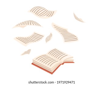 Open book with flying paper pages vector illustration on white background