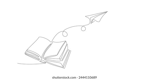 Open book and flying paper plane. Continuous one line drawing for business, education. Single line drawing of content for school, studding. Vector illustration on white background. Hand drawn sketch