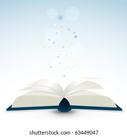 Open book with flying particles