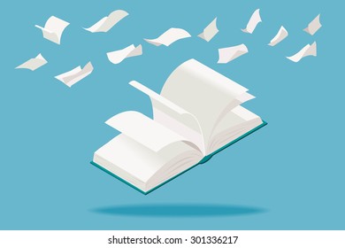 Open book with flying white pages, in isometric perspective.