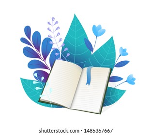 Open book and foliage flat vector illustration. Blue forest flora, blooming flowers, cherry and rowan leaves. Blank notebook, personal diary with bookmark. Textbook with leafage, education symbol